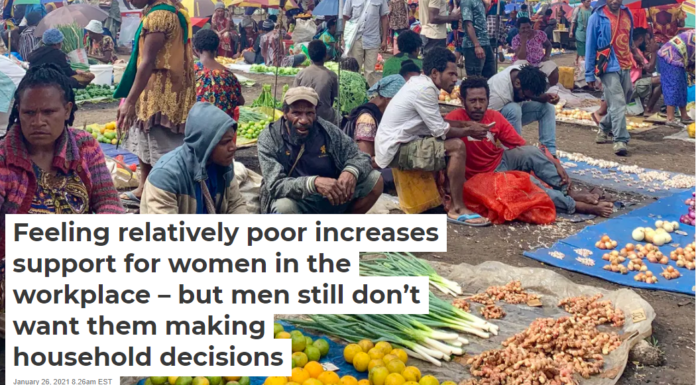 Feeling relatively poor increases support for women in the workplace – but men still don’t want them making household decisions