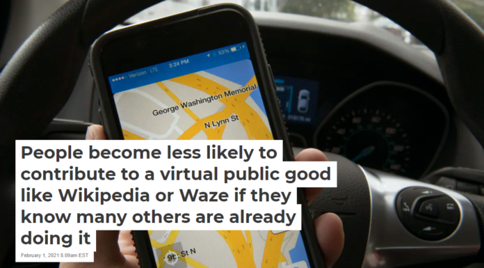 People become less likely to contribute to a virtual public good like Wikipedia or Waze if they know many others are already doing it