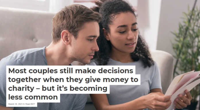 Most couples still make decisions together when they give money to charity – but it’s becoming less common