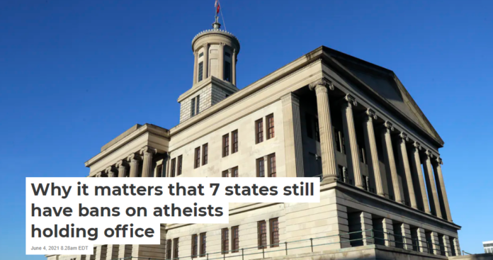 Above the Tennessee State Capitol, only skies. In it, any atheists? AP Photo/Mark Humphrey
