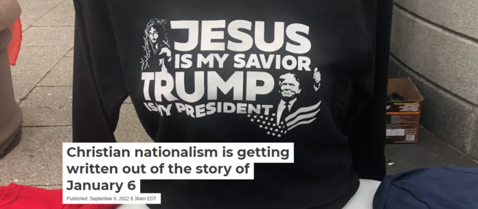 Shirts for sale on Jan. 6, 2021, combined loyalty to Jesus and to Donald Trump. Joyce Dalsheim, CC BY-ND