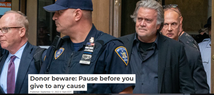 Steve Bannon, second from right, was indicted and charged on Sept. 8, 2022, with alleged money laundering, fraud and conspiracy for deceiving donors and misusing their funds for a charity. David Dee Delgado/Getty Images