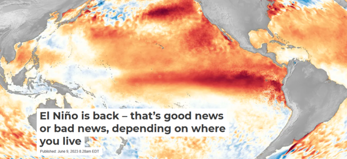 Warm water along the equator off South America signals an El Niño, like this one in 2016. NOAA