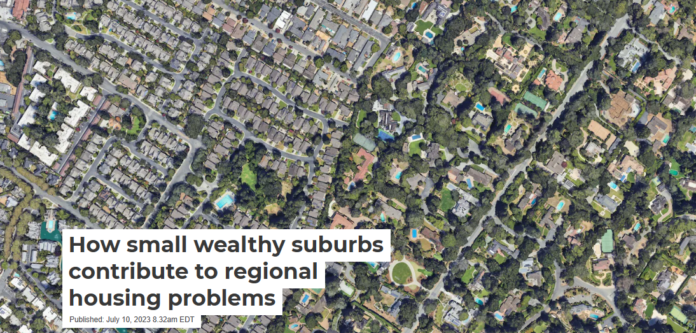The line between Atherton, Calif., (right) and its neighbor is obvious in property sizes. Google Earth