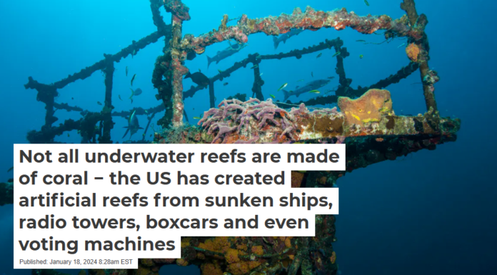 Not all underwater reefs are made of coral − the US has created artificial reefs from sunken ships, radio towers, boxcars and even voting machines