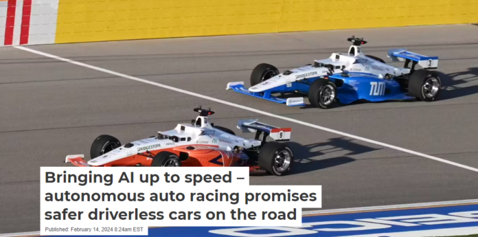 An autonomous race car built by the Technical University of Munich prepares to pass the University of Virginia’s entrant. Cavalier Autonomous Racing, University of Virginia, CC BY-ND