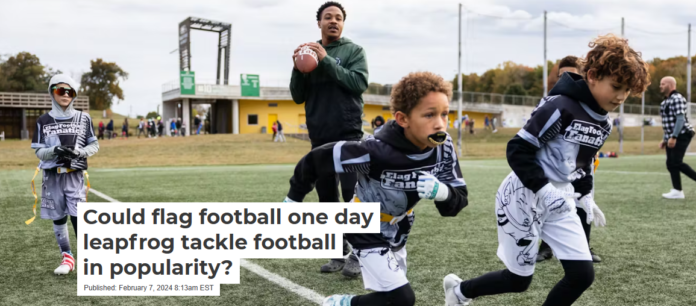 Youth flag football players run drills with their coach before a game in Dayton, Ohio, on Oct. 8, 2023. Megan Jelinger/The Washington Post via Getty Images