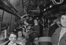 A packed Baltimore trolley illustrates the ups and downs of US public transit Workers on a trolley at 5 p.m. in Baltimore, April 1943. Marjory Collins/Library of Congress, CC BY-ND
