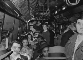 Workers on a trolley at 5 p.m. in Baltimore, April 1943. Marjory Collins/Library of Congress, CC BY-ND