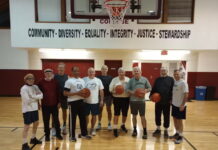 Several geezers appear on the court before a 5-on-5 pickup game. Andy Casper, CC BY-SA