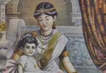Prince Siddhartha with his foster mother Mahaprajapati. A 1910 painting by Maligawage Sarlis. Photo by MediaJet, 2009 via Wikimedia Commons