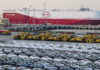 BYD electric cars wait at a Chinese port to be loaded onto the automobile carrier BYD Shenzhen, which was slated to sail to Brazil. STR/AFP via Getty Images