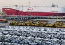 BYD electric cars wait at a Chinese port to be loaded onto the automobile carrier BYD Shenzhen, which was slated to sail to Brazil. STR/AFP via Getty Images