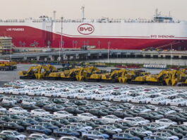 BYD electric cars wait at a Chinese port to be loaded onto the automobile carrier BYD Shenzhen, which was slated to sail to Brazil. STR/AFP via Getty Images