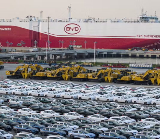BYD electric cars wait at a Chinese port to be loaded onto the automobile carrier BYD Shenzhen, which was slated to sail to Brazil. STR/AFP via Getty Images
