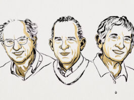 This illustration shows, from left to right: John Clarke, Michel Devoret and John Martinis. Niklas Elmehed © Nobel Prize Outreach, CC BY-NC