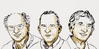 This illustration shows, from left to right: John Clarke, Michel Devoret and John Martinis. Niklas Elmehed © Nobel Prize Outreach, CC BY-NC