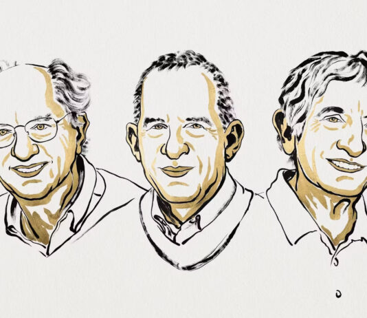 This illustration shows, from left to right: John Clarke, Michel Devoret and John Martinis. Niklas Elmehed © Nobel Prize Outreach, CC BY-NC