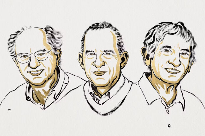 This illustration shows, from left to right: John Clarke, Michel Devoret and John Martinis. Niklas Elmehed © Nobel Prize Outreach, CC BY-NC This illustration shows, from left to right: John Clarke, Michel Devoret and John Martinis. Niklas Elmehed © Nobel Prize Outreach, CC BY-NC