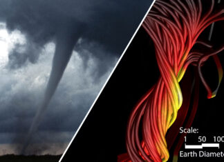Flux ropes (simulated, right) are structures made up of magnetic field lines wrapping around each other like a rope, that look similar to tornadoes on Earth. NOAA, Mojtaba Akhavan-Tafti and Chip Manchester