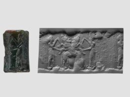 An Akkadian cylinder seal, circa 2350-2150 B.C.E., depicts a contest scene. The image on the right shows the impression the seal would make. Gift of Nanette B. Kelekian, in memory of Charles Dikran and Beatrice Kelekian, 1999/Metropolitan Museum of Art