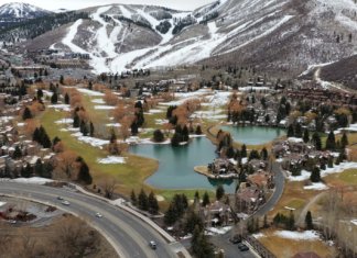 The snow drought was evident in Park City, Utah, on Feb. 9, 2026. This golf course is normally used for cross-country skiing in winter. Mario Tama/Getty Images