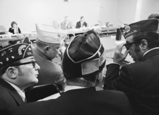 Legionnaires wait to testify before a special congressional inquiry in November 1976 into the cause of the mysterious disease. Bettmann/Bettman Collection via Getty Images