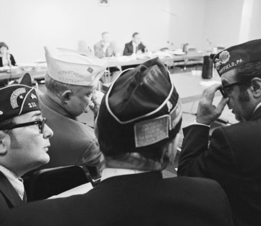 Legionnaires wait to testify before a special congressional inquiry in November 1976 into the cause of the mysterious disease. Bettmann/Bettman Collection via Getty Images