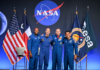 NASA announces its Artemis III crew, which will test important equipment and systems in Earth orbit and is testing public opinion The Artemis III crew takes a photo during the crew announcement on June 9, 2026. From left: Andre Douglas, Luca Parmitano, Randy Bresnik, Frank Rubio. NASA/Robert Markowitz