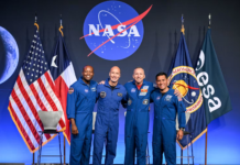 The Artemis III crew takes a photo during the crew announcement on June 9, 2026. From left: Andre Douglas, Luca Parmitano, Randy Bresnik, Frank Rubio. NASA/Robert Markowitz