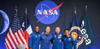 The Artemis III crew takes a photo during the crew announcement on June 9, 2026. From left: Andre Douglas, Luca Parmitano, Randy Bresnik, Frank Rubio. NASA/Robert Markowitz