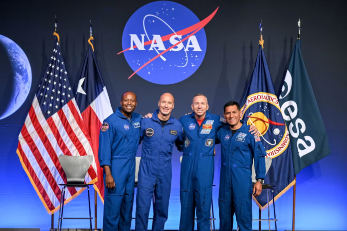The Artemis III crew takes a photo during the crew announcement on June 9, 2026. From left: Andre Douglas, Luca Parmitano, Randy Bresnik, Frank Rubio. NASA/Robert Markowitz The Artemis III crew takes a photo during the crew announcement on June 9, 2026. From left: Andre Douglas, Luca Parmitano, Randy Bresnik, Frank Rubio. NASA/Robert Markowitz