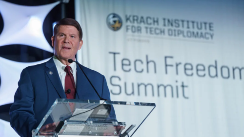 Keith Krach speaking at the Tech Freedom Summit hosted by the Krach Institute for Tech Diplomacy at Purdue.